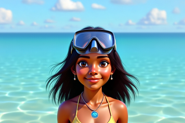 Animated character with diving on a beach